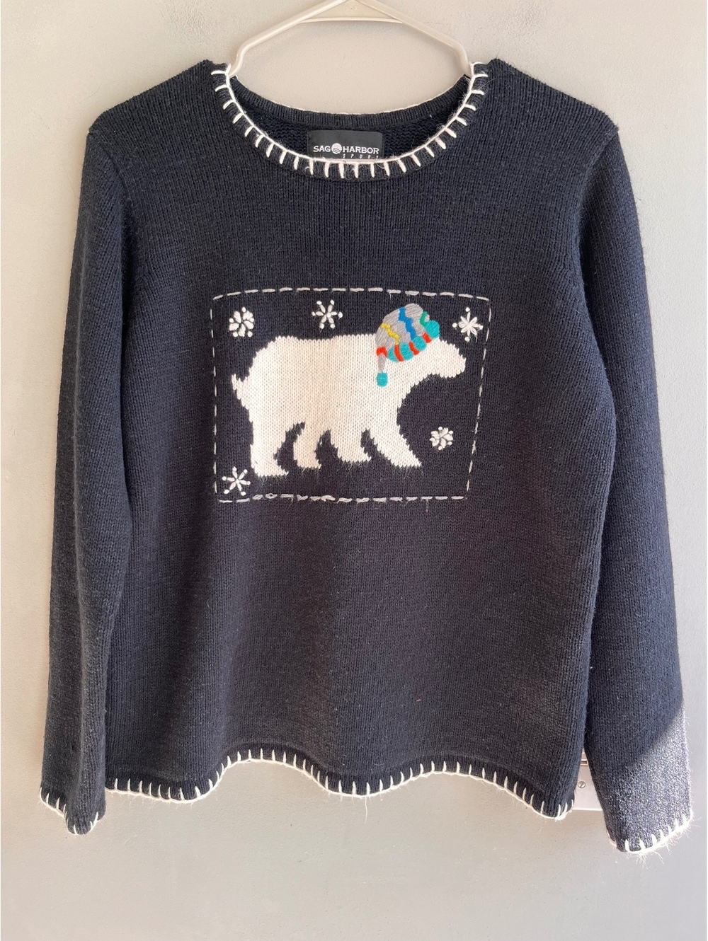 Vintage 90s Sag Harbor Polar Bear Knit Sweater Black Whipstitch Winter Holiday